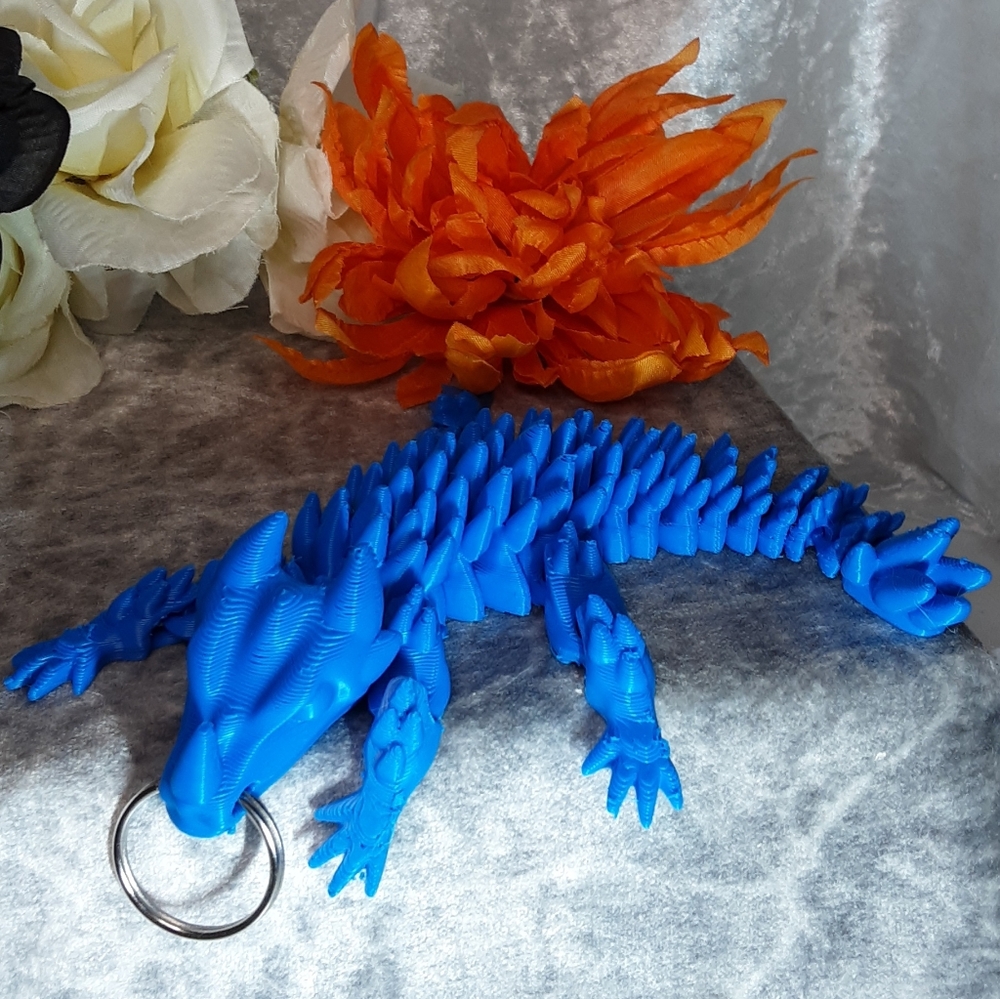 Handmade 7" Long 3D Printed Articulated Dragon Key Chain Blue